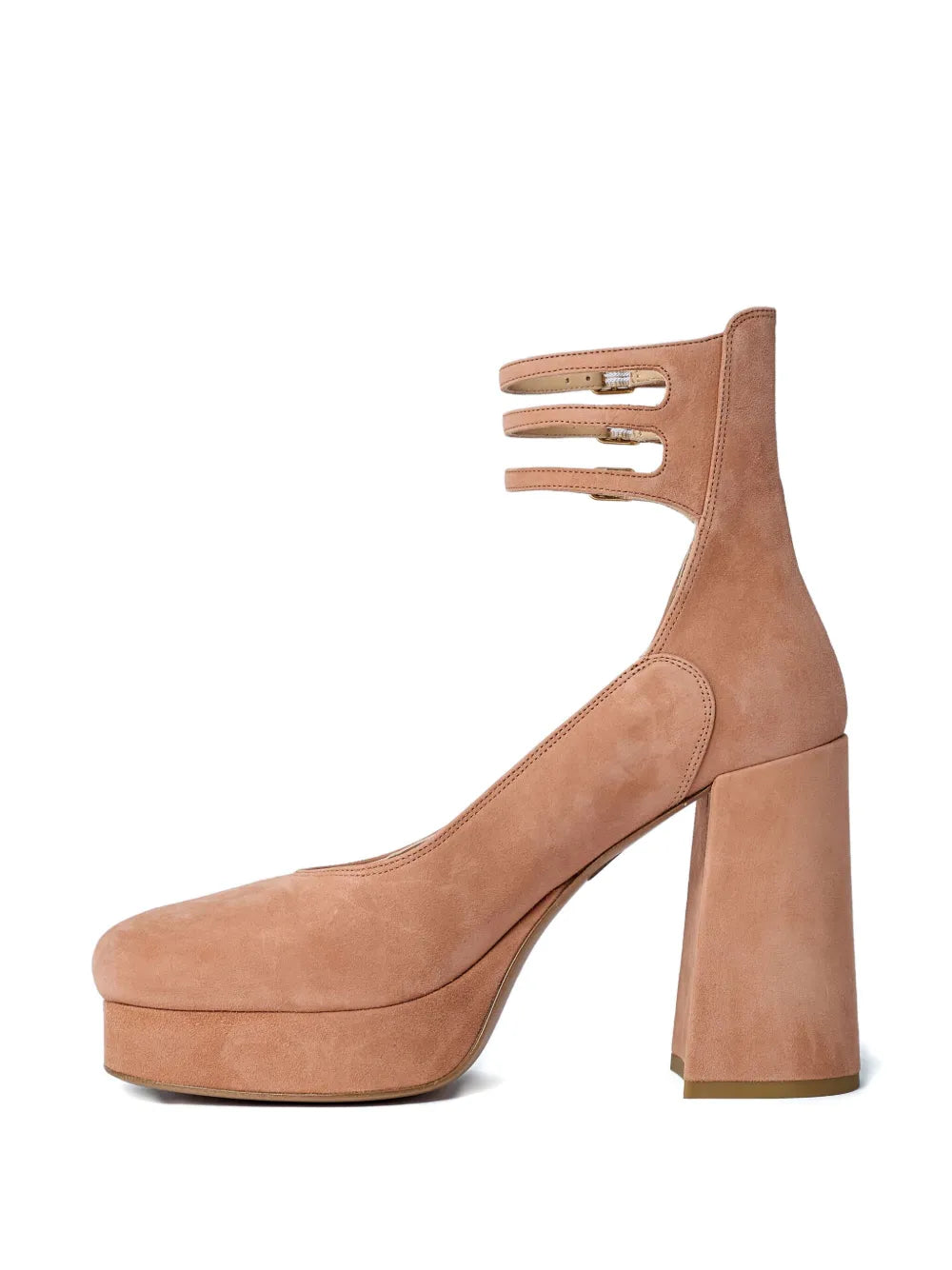 Close-up view of Loti Platform Pump in Peachy Pink highlighting the soft suede goatskin material and gold-tone Chloé-engraved buckles.
