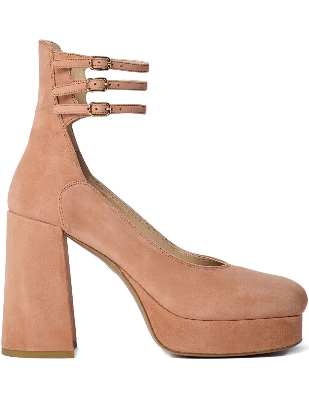 Loti Platform Pump in Peachy Pink showcasing its chic block heel and elegant triple ankle straps.