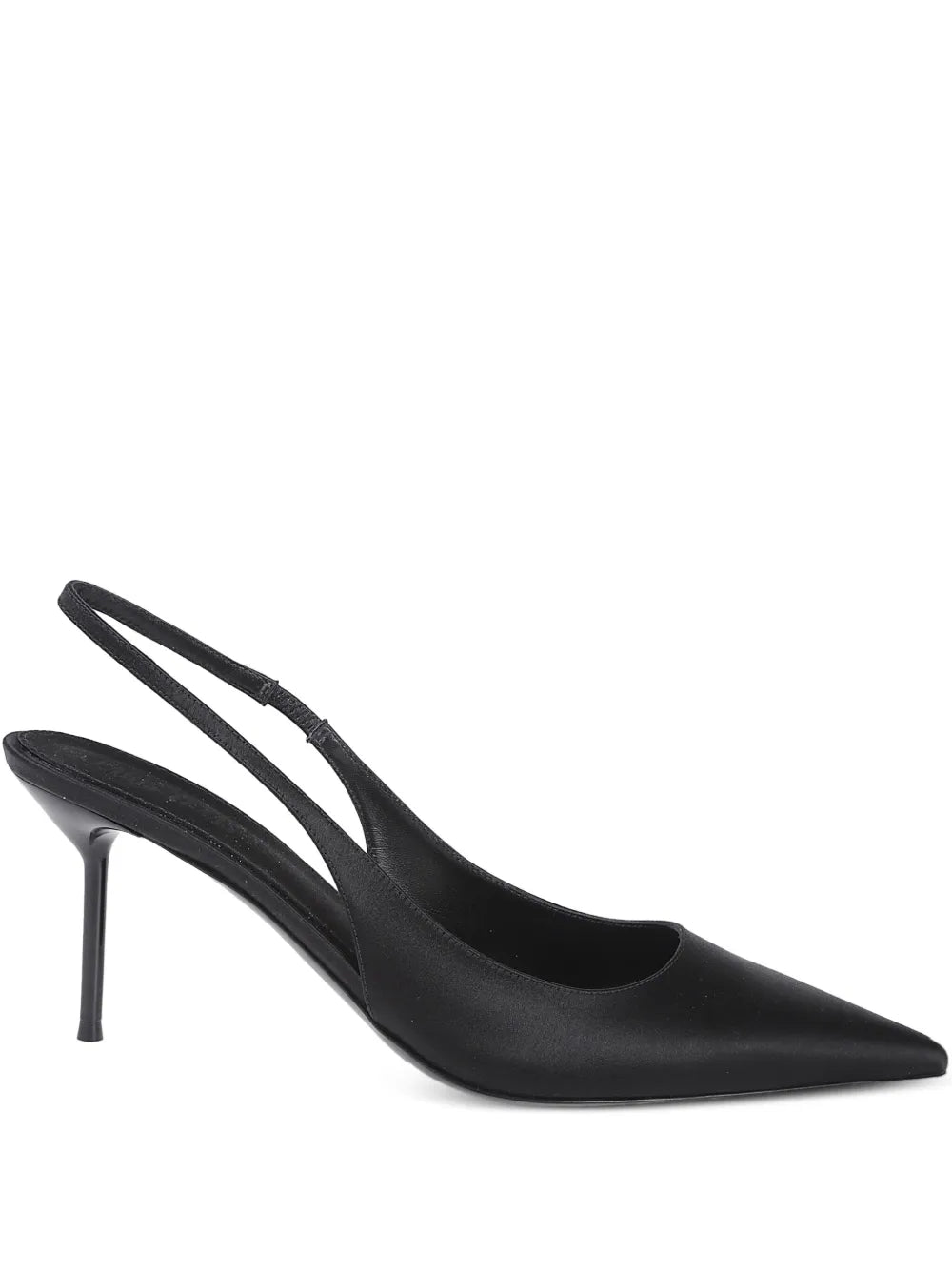 Lidia Slingback in Black Satin with shiny pin heel by Paris Texas, perfect for chic and stylish occasions.