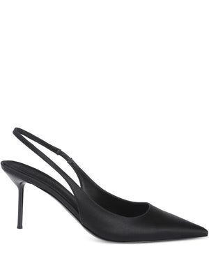 Lidia Slingback in Black Satin with shiny pin heel by Paris Texas, perfect for chic and stylish occasions.