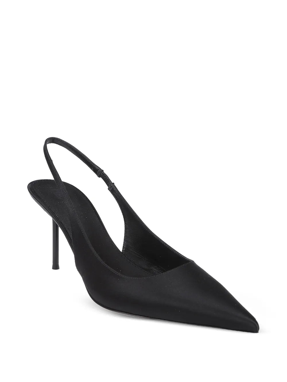 Close-up view of Lidia Slingback in Black Satin showcasing elegant pointed toe design, made in Italy by Paris Texas.