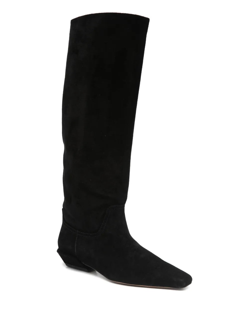 Close-up of Bettina Boot in Black Suede, showcasing the soft calf suede texture and chic design.