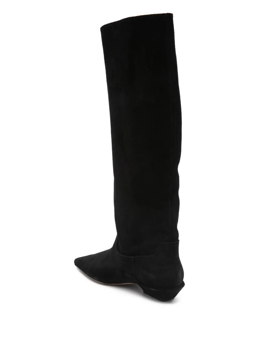 Bettina Boot in Black Suede, displaying the elegant square toe and sleek silhouette.