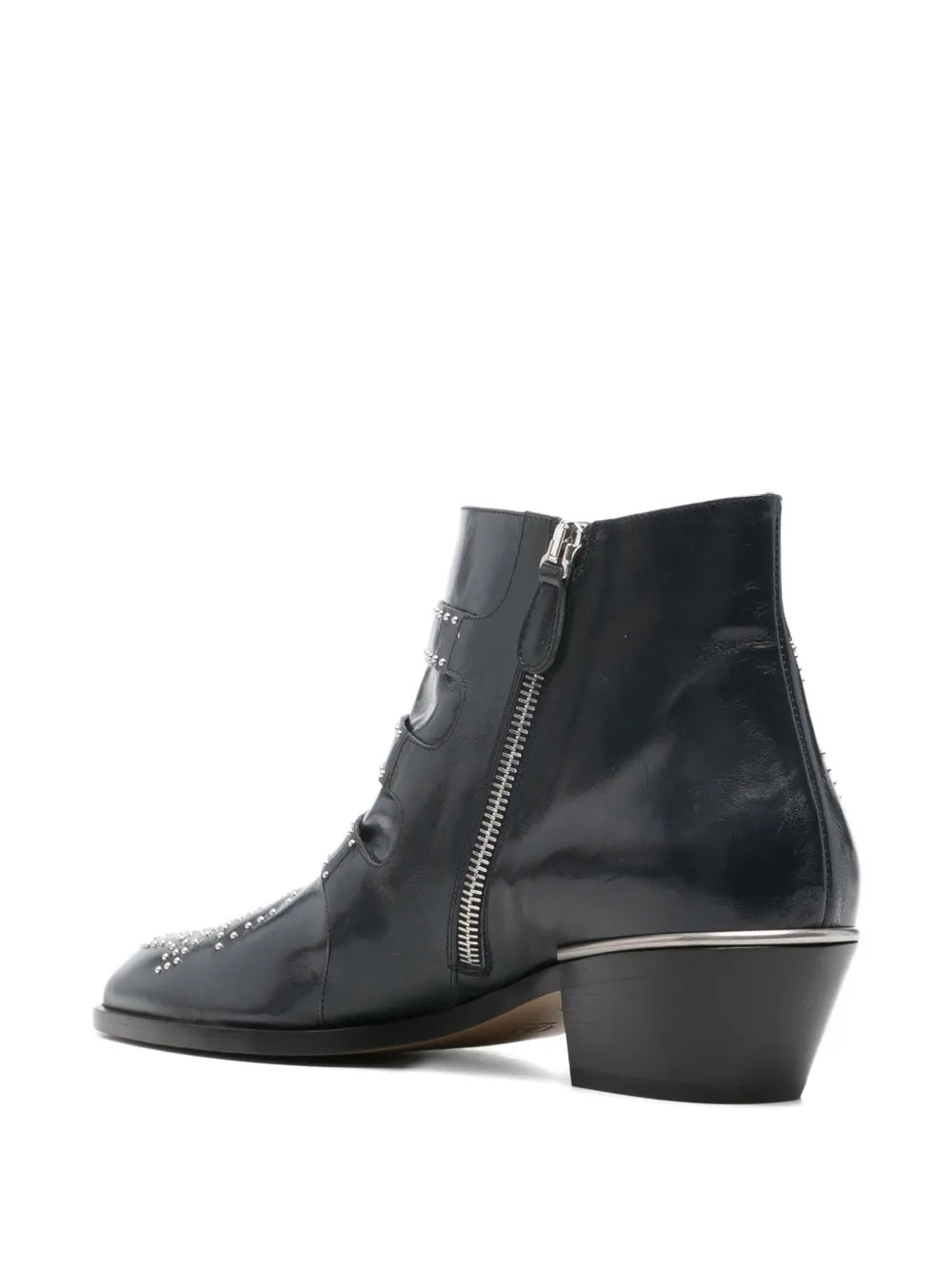 Stylish Chloé Susanna Short Boot in Deep Navy with a Cuban heel and thick sole inspired by cowboy designs.
