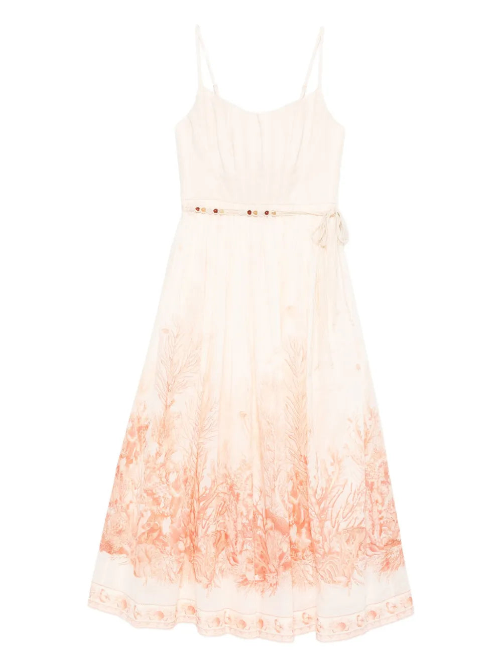 Wanderlust Corset Midi Dress in Coral Toile showcasing structured bodice and gathered waist from Zimmermann's Resort Swim 2026 Collection.