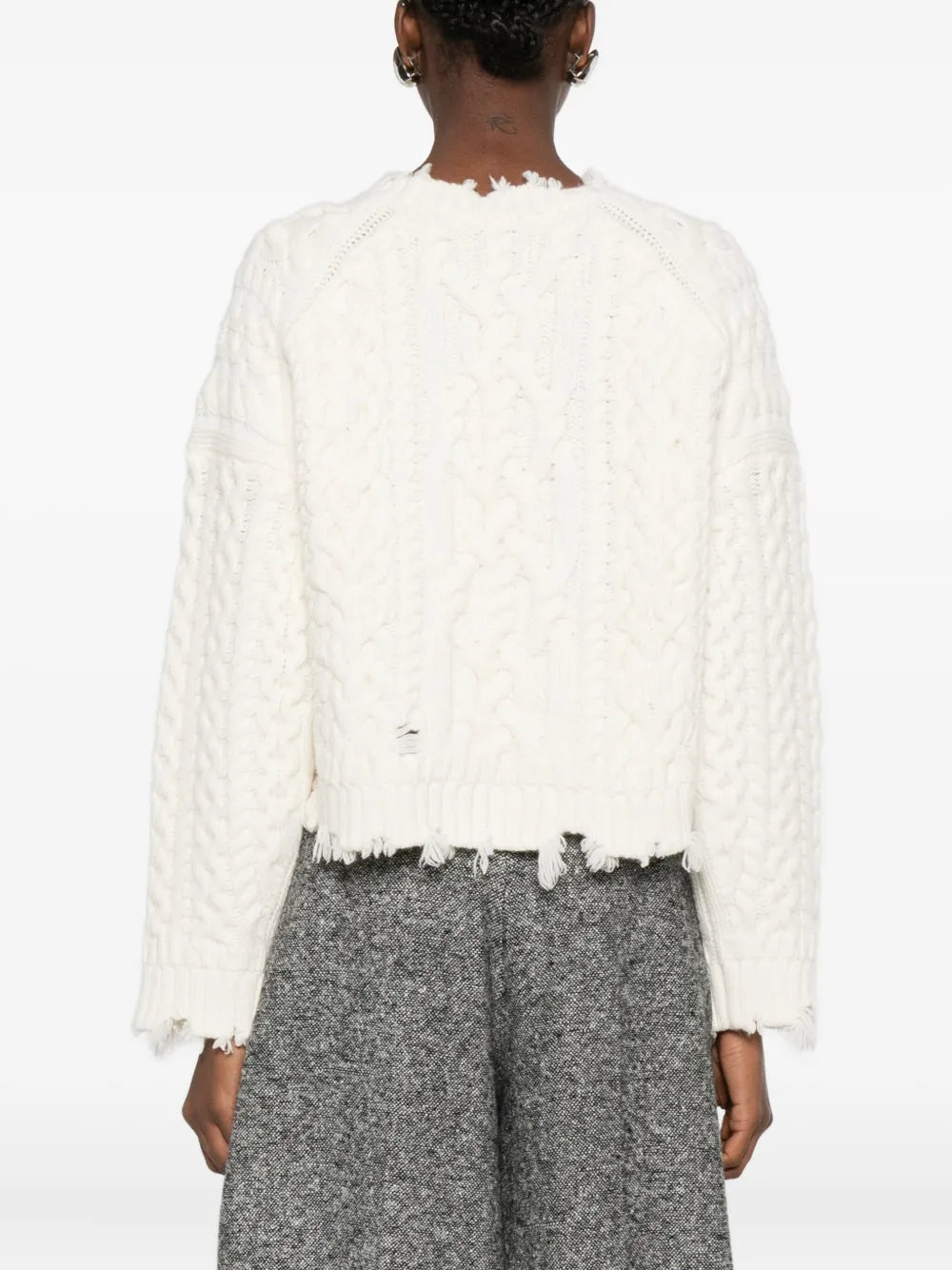 Close-up of Felix Knit Cropped Sweater in Ivory focusing on the soft lambswool material and cable knit details.