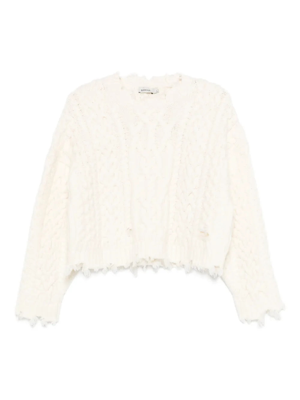 Front view of Felix Knit Cropped Sweater in Ivory by Simkhai showcasing its chunky cable knit design.