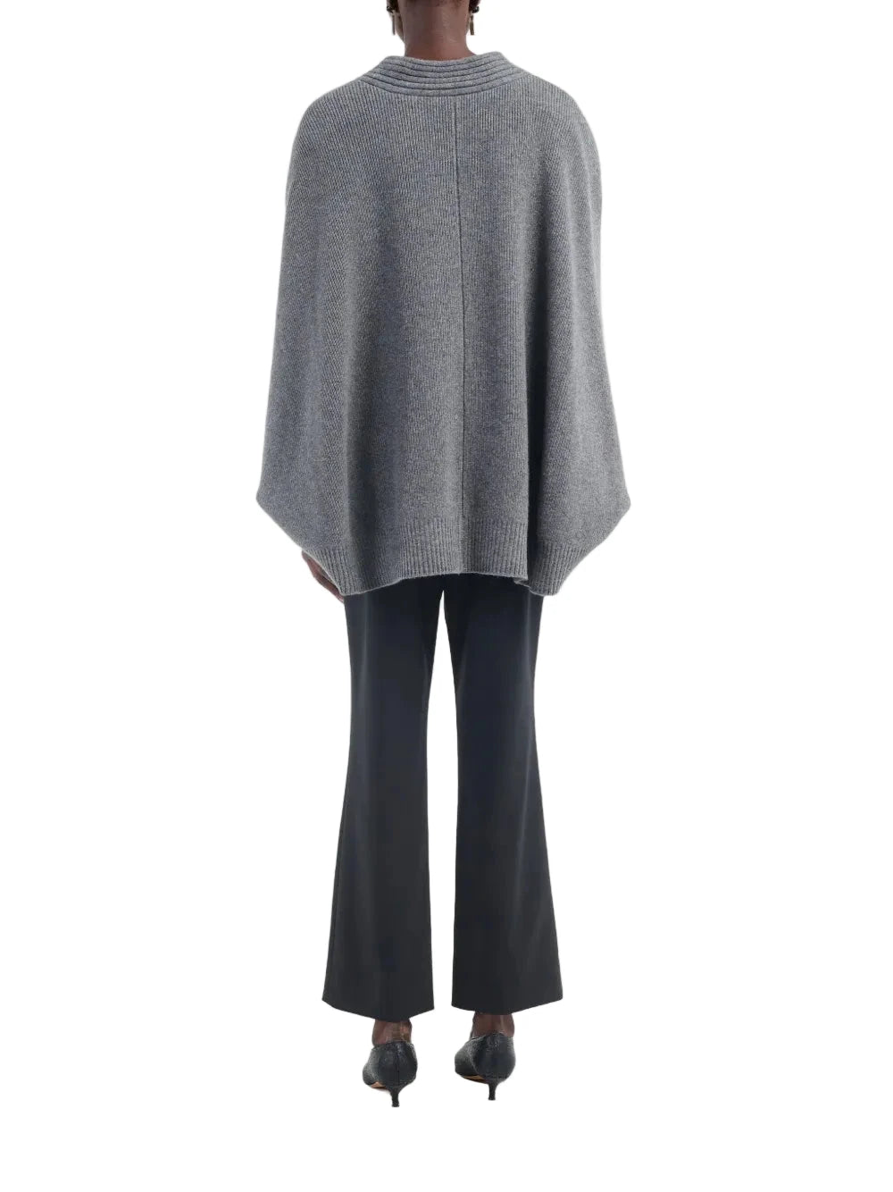 Side view of Cocoon Cape Sweater in Medium Heather Grey with buttons at the sides.