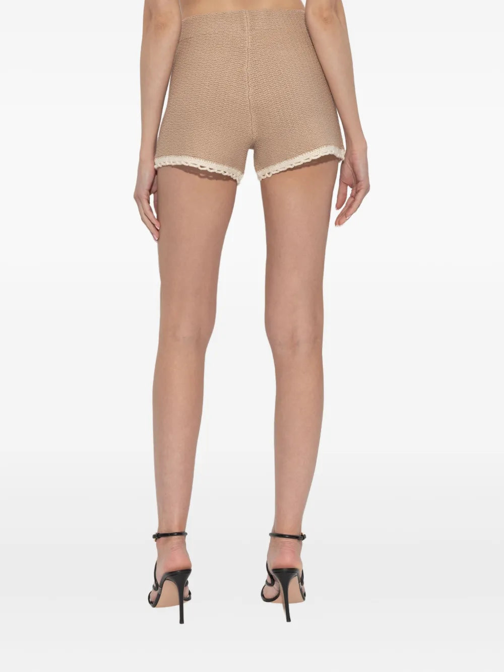 Willow Shorts in Taupe laid flat, highlighting the soft knit texture and stylish design features.