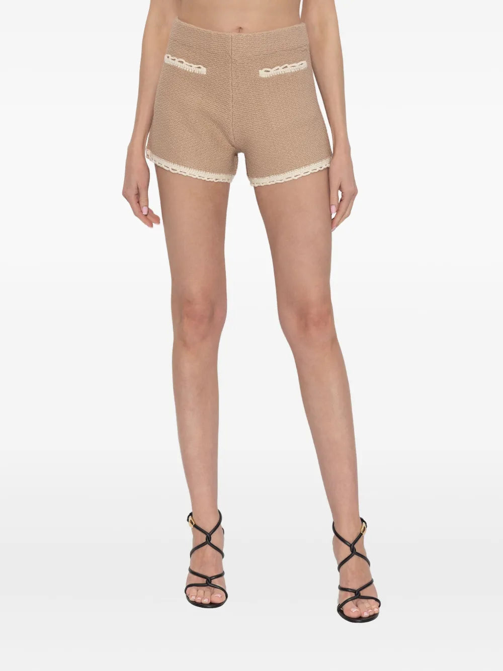 Model wearing the Willow Shorts in Taupe paired with a matching top, ideal for chic summer outfits.