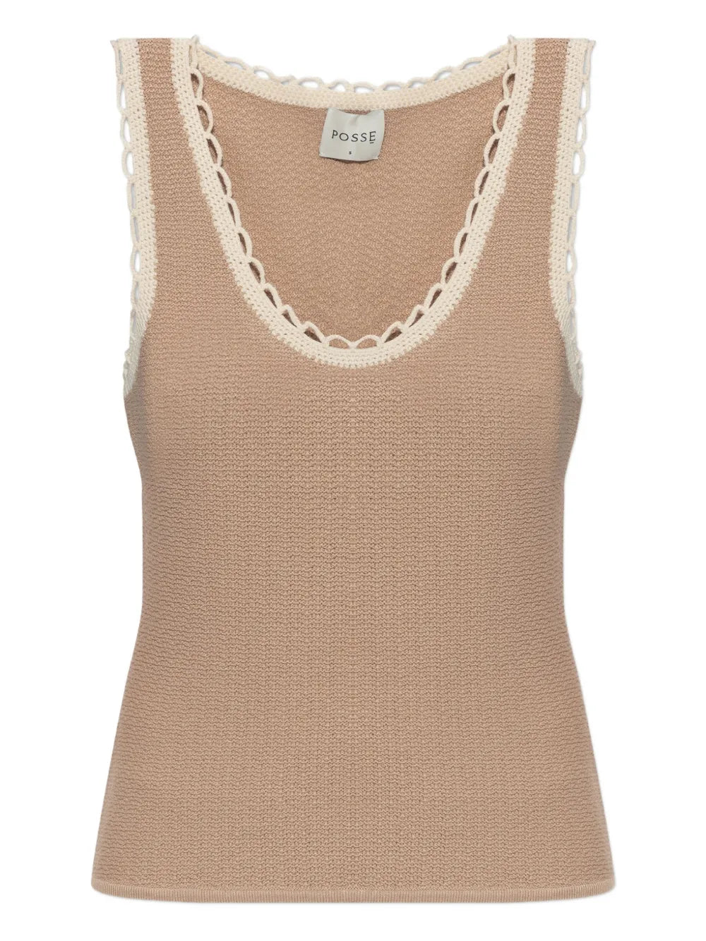 Close-up view of the Willow Top in Taupe by Posse, showcasing its soft knit fabric and scallop detailing.