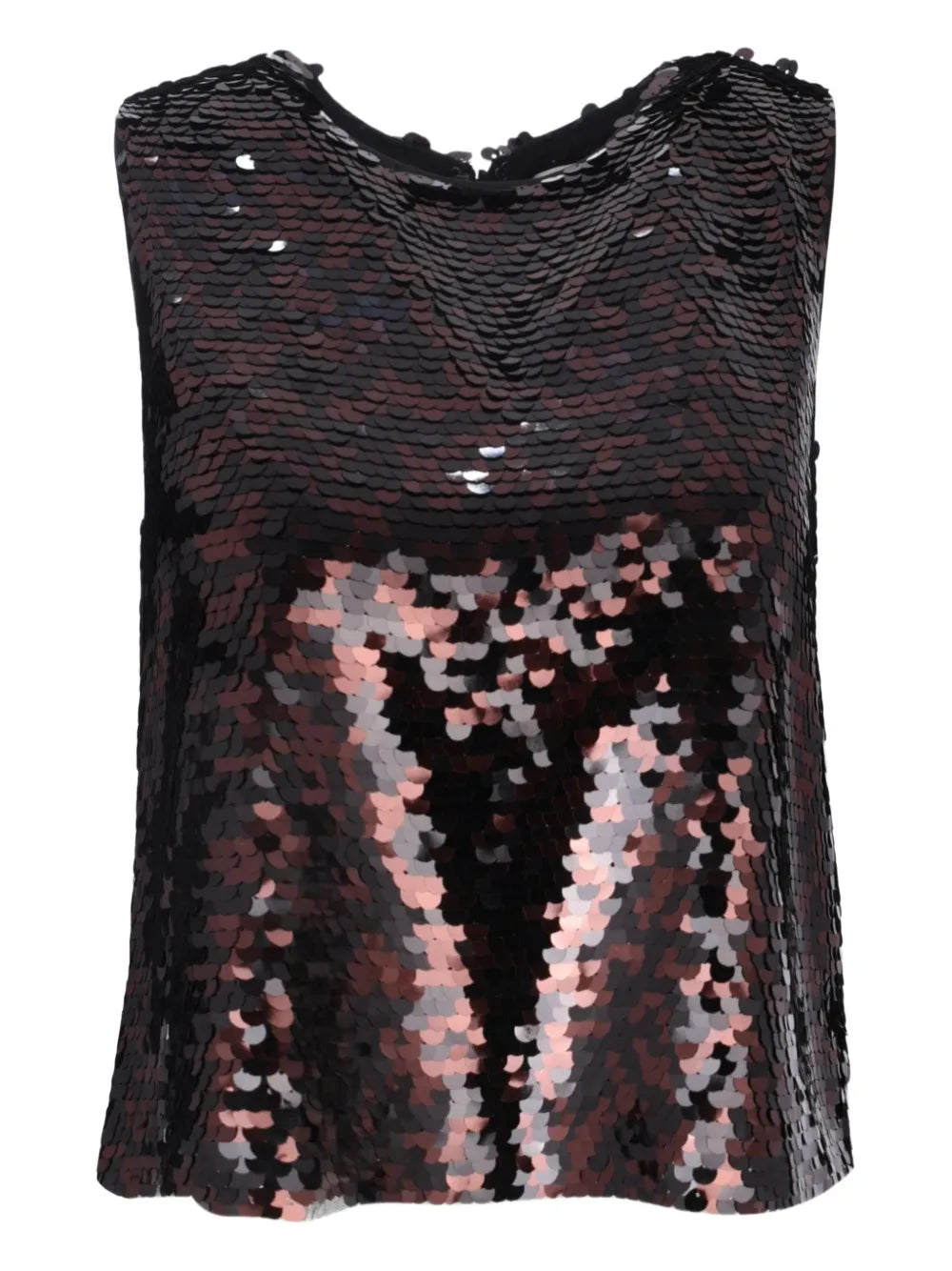 Seraphina Tank in Espresso/Black showcasing its shimmering two-tone sequins, perfect for festive occasions.
