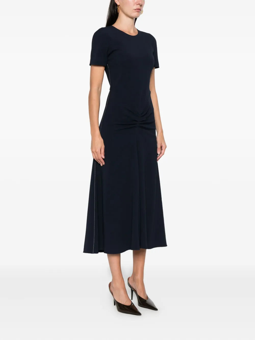 Front view of the Gathered Detail Dress in Navy by Victoria Beckham, featuring a flattering silhouette.