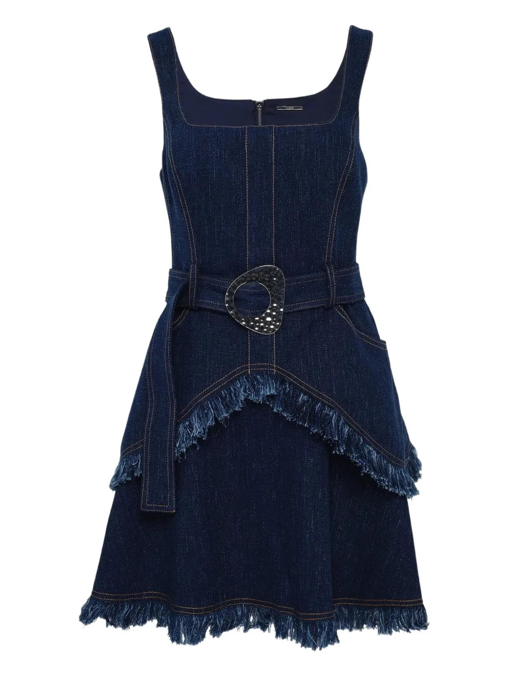 Macey Dress in Denim by Alexis featuring fringe detailing and a belted waist on a model.