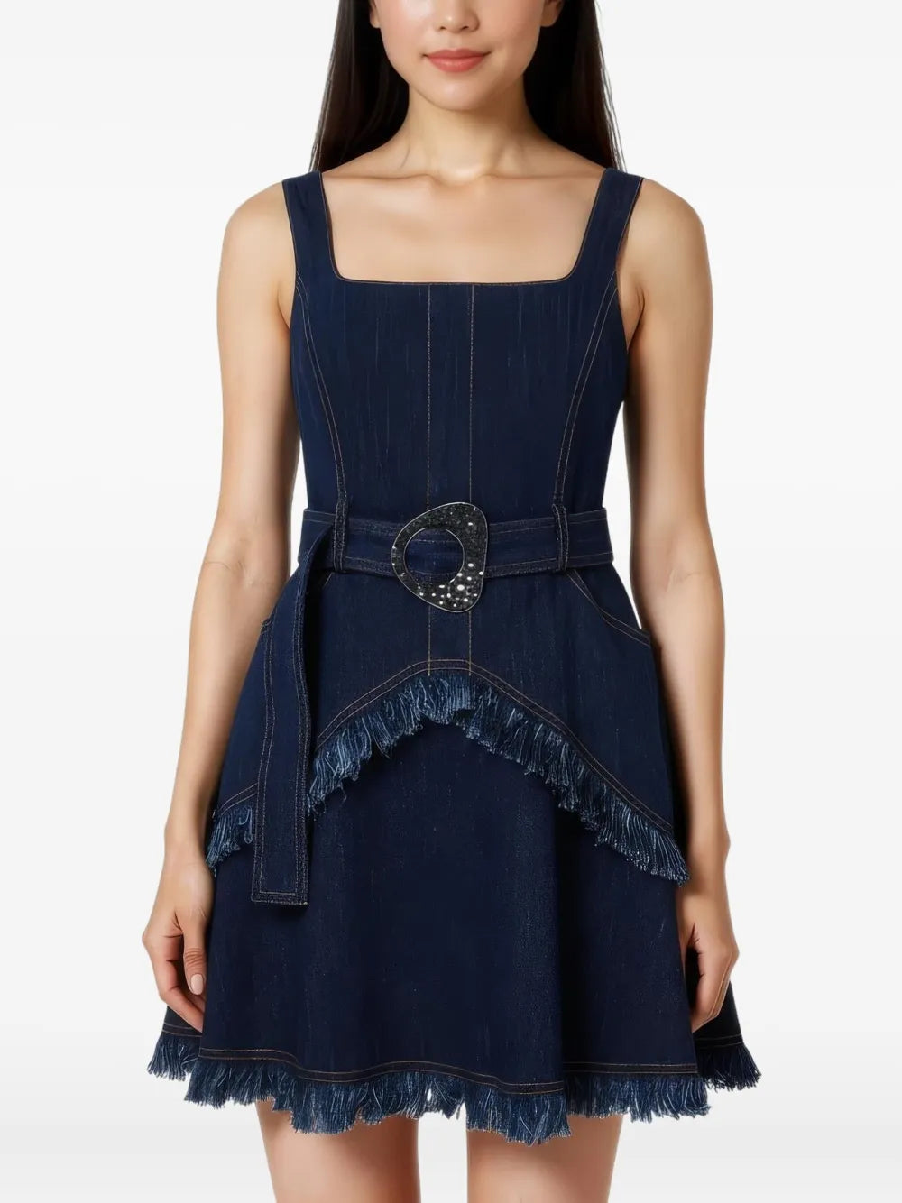 Close-up view of the Macey Dress in Denim fabric, showcasing the material and design details.