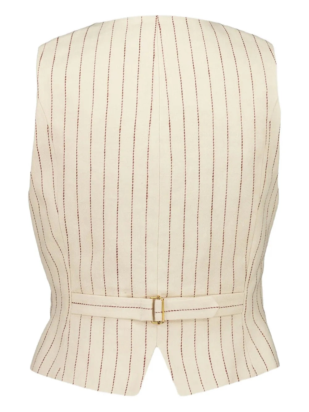 Close-up of the Rebellion Pinstripe Waistcoat in Cream Stripe, showcasing the linen fabric and detailed craftsmanship from Zimmermann's Cruise 2026 Collection.