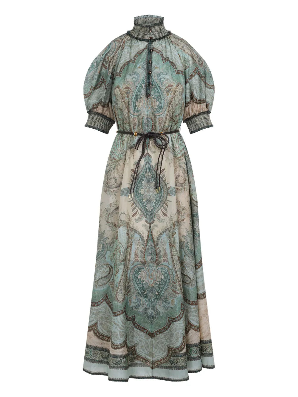 Wanderlust Billow Dress in Tapestry Teal Multi showcasing the elegant silk fabric and shirred stand collar.