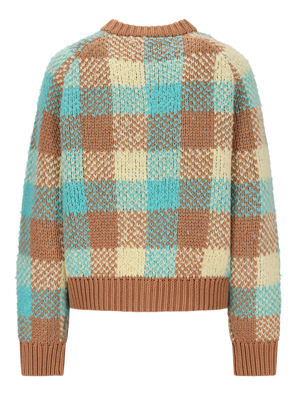 Close-up of the Buffalo Plaid Cardigan in Glacier by Guest in Residence, highlighting the premium cashmere-wool blend and classic button front.