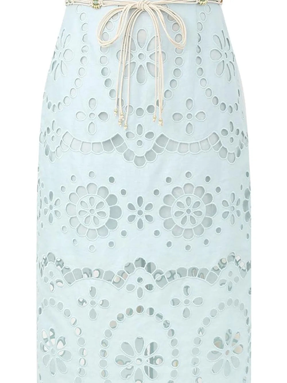 Close-up of the Awaken Embroidered Skirt in Mint by Zimmermann, highlighting the detailed embroidery and the linen fabric.