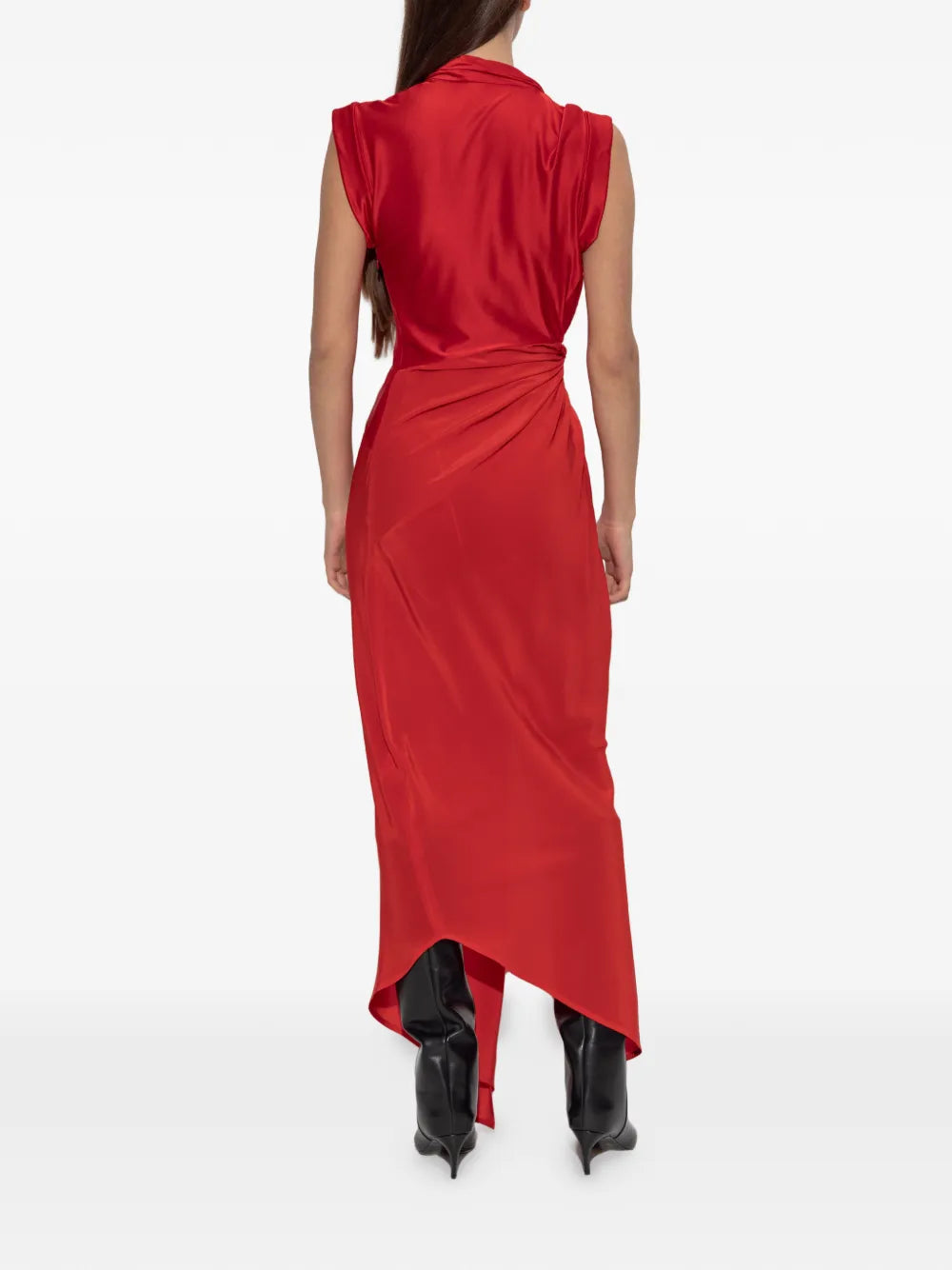 Front view of the Victoria Beckham Twist Dress in Cardinal Red featuring the wrap-front neckline with button closure.