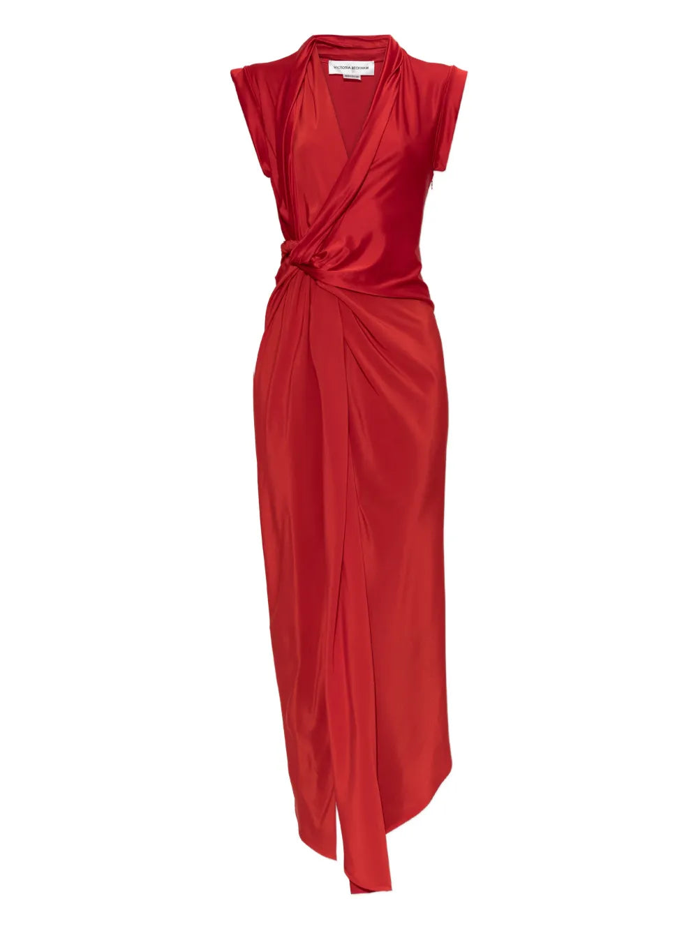 Victoria Beckham Twist Dress in Cardinal Red showcasing the twisted drape neckline and high-shine bodice.