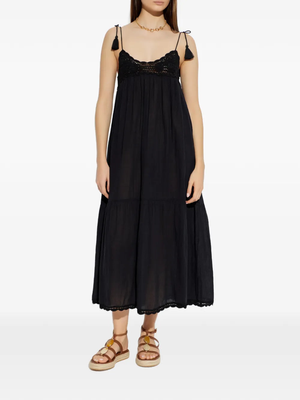 Ulla Johnson Linnea Coverup Dress in Noir - close-up of crochet detailing and fabric texture.