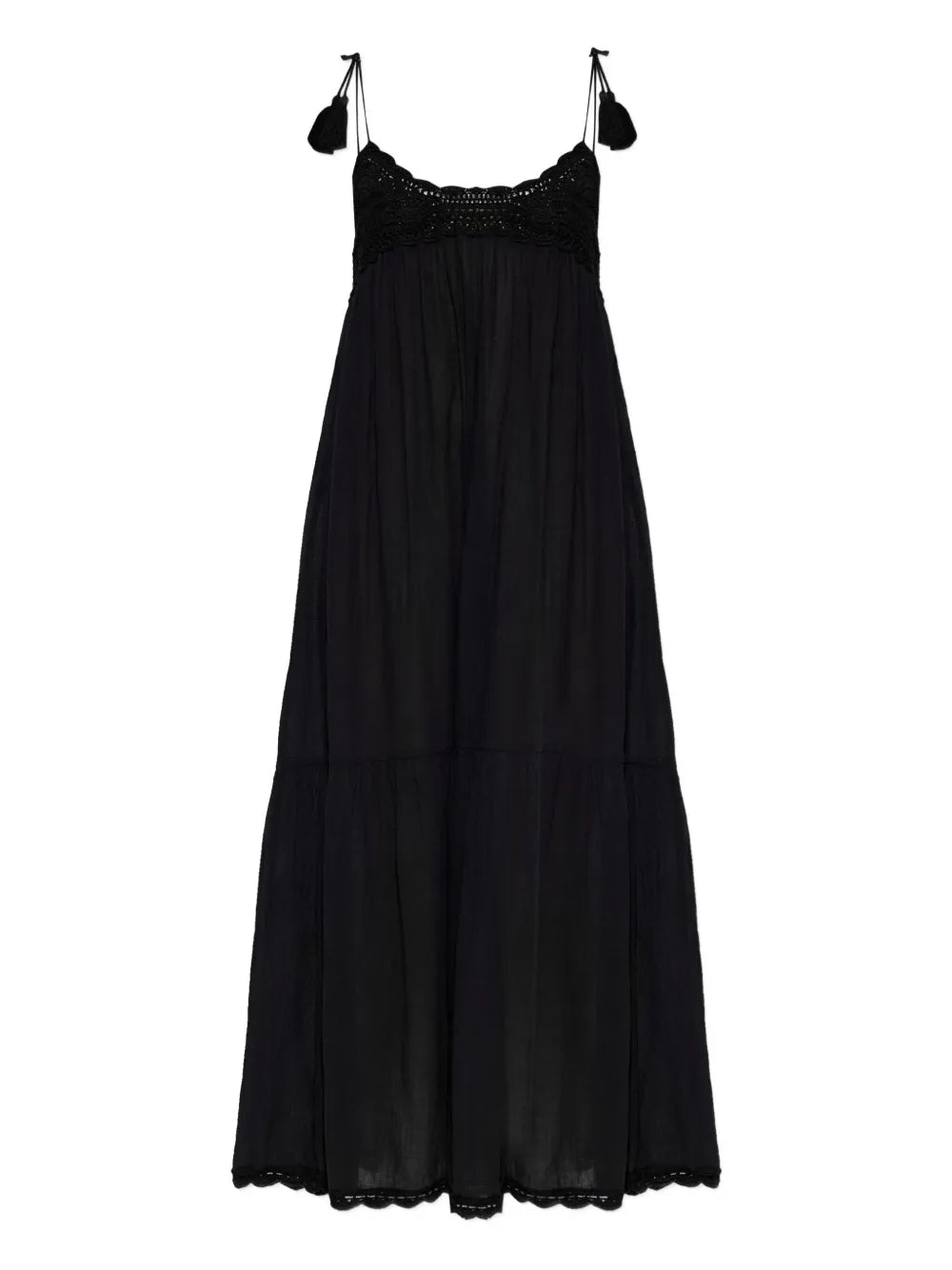 Ulla Johnson Linnea Coverup Dress in Noir - front view showcasing hand-crocheted floral details and self-tie straps.