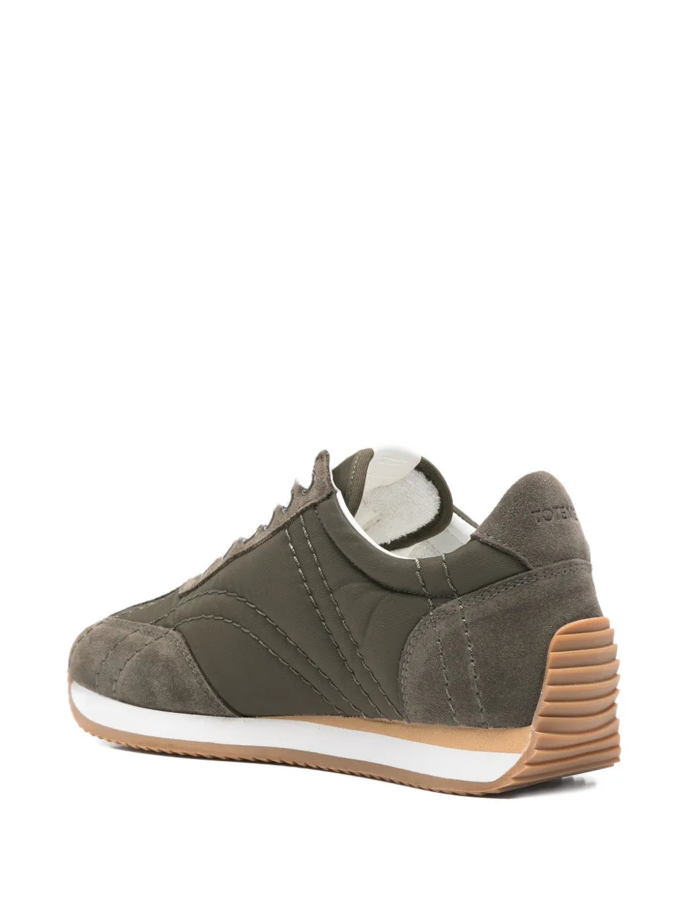 Sport Sneakers in Olive laid flat highlighting the recycled polyamide composition and elegant cow leather accents.