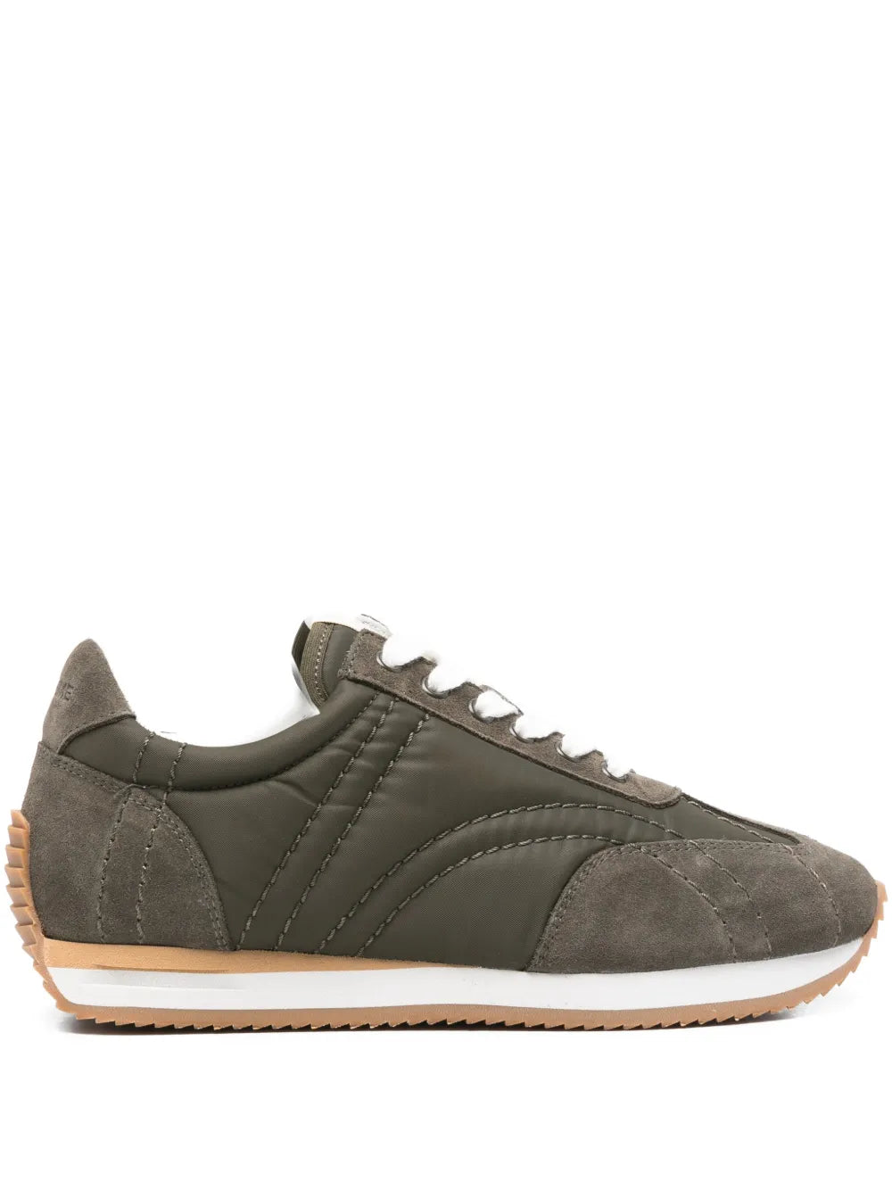Sport Sneakers in Olive by TOTEME featuring a stylish design with monogram-quilted polyamide and suede trims.