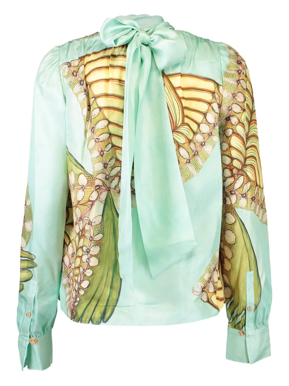 Ulla Johnson Ornament Tie Neck Blouse in Water Blossom, featuring a satin-finished chiffon material and a high neckline with stylish ties.