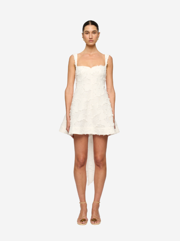 Rue Jacquard Mini Dress in White showcasing the squared neckline and contoured bodice.