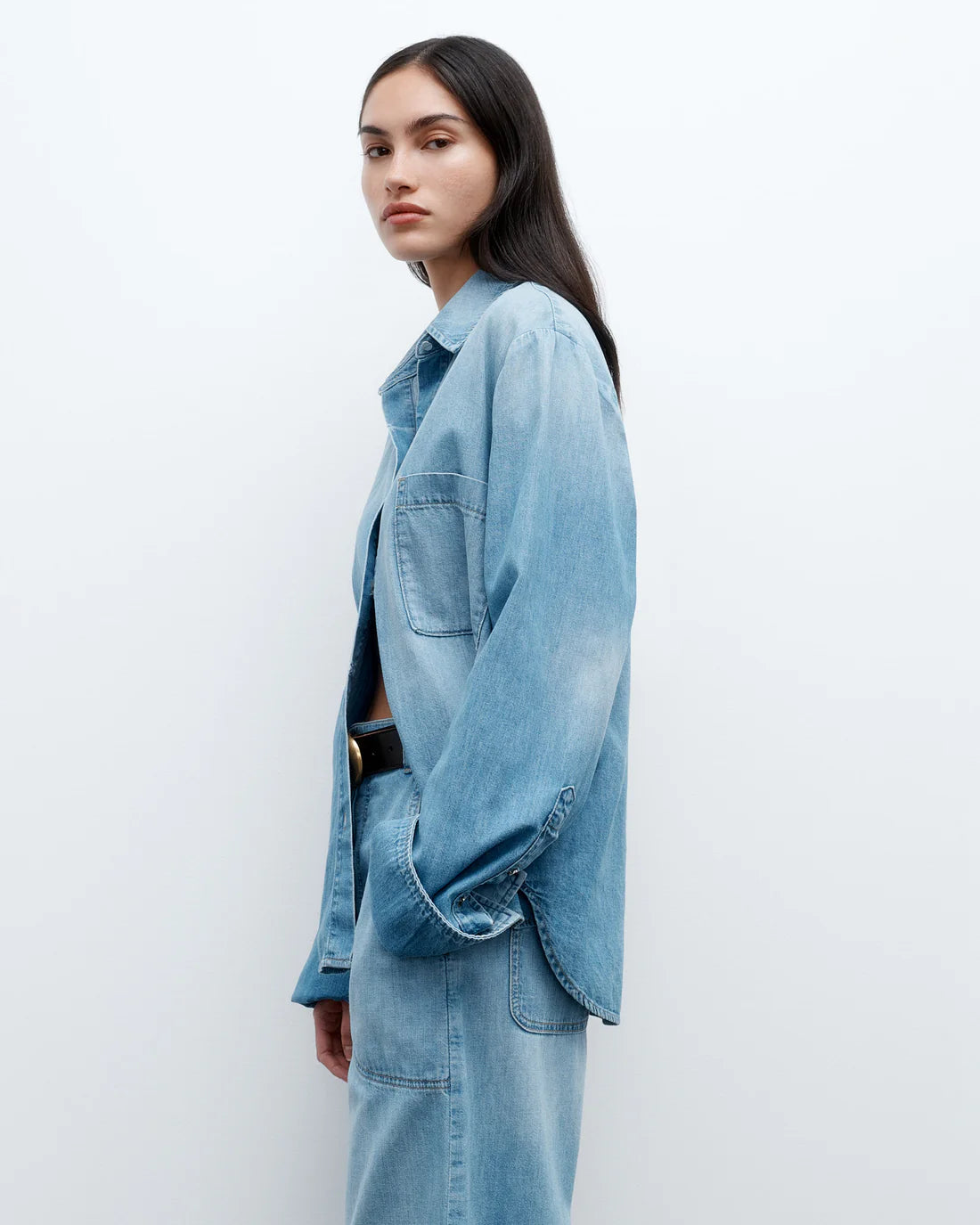 Sophisticated look at the TWP Wilson Shirt in Vintage Wash, emphasizing its comfortable fit and timeless appeal.