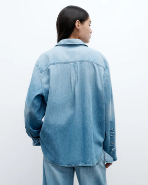 Elegant lifestyle shot of the Wilson Shirt in Vintage Wash by TWP, perfect for casual yet stylish occasions.