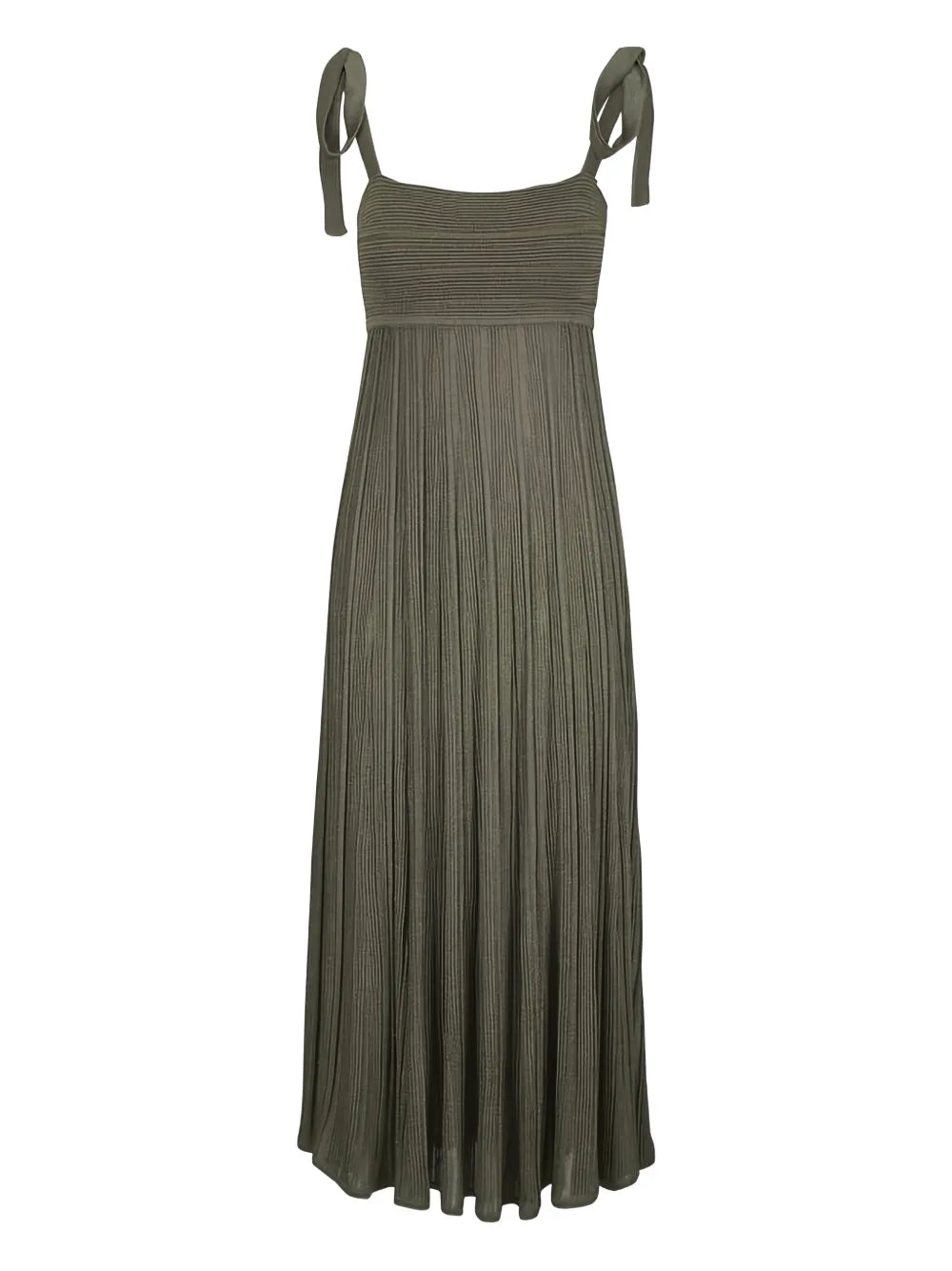 Wanderlust Metallic Maxi Dress in Metallic Olive by Zimmermann, showcasing self-tie straps and a pleated skirt.