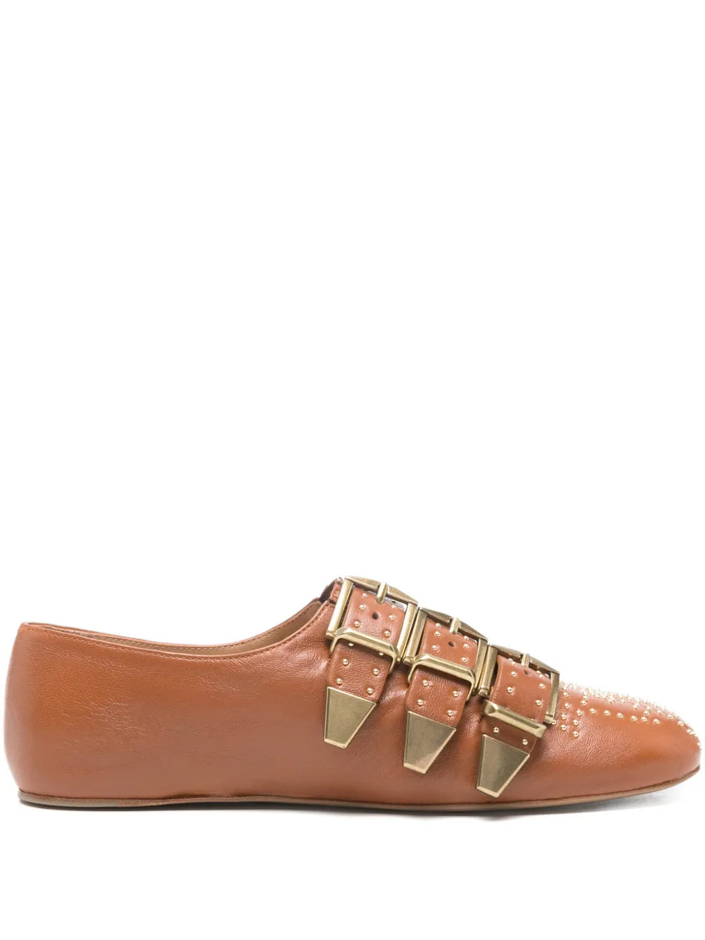 Susan Flat in Ginger Brown from Chloé showcasing soft leather and gold-tone studs.