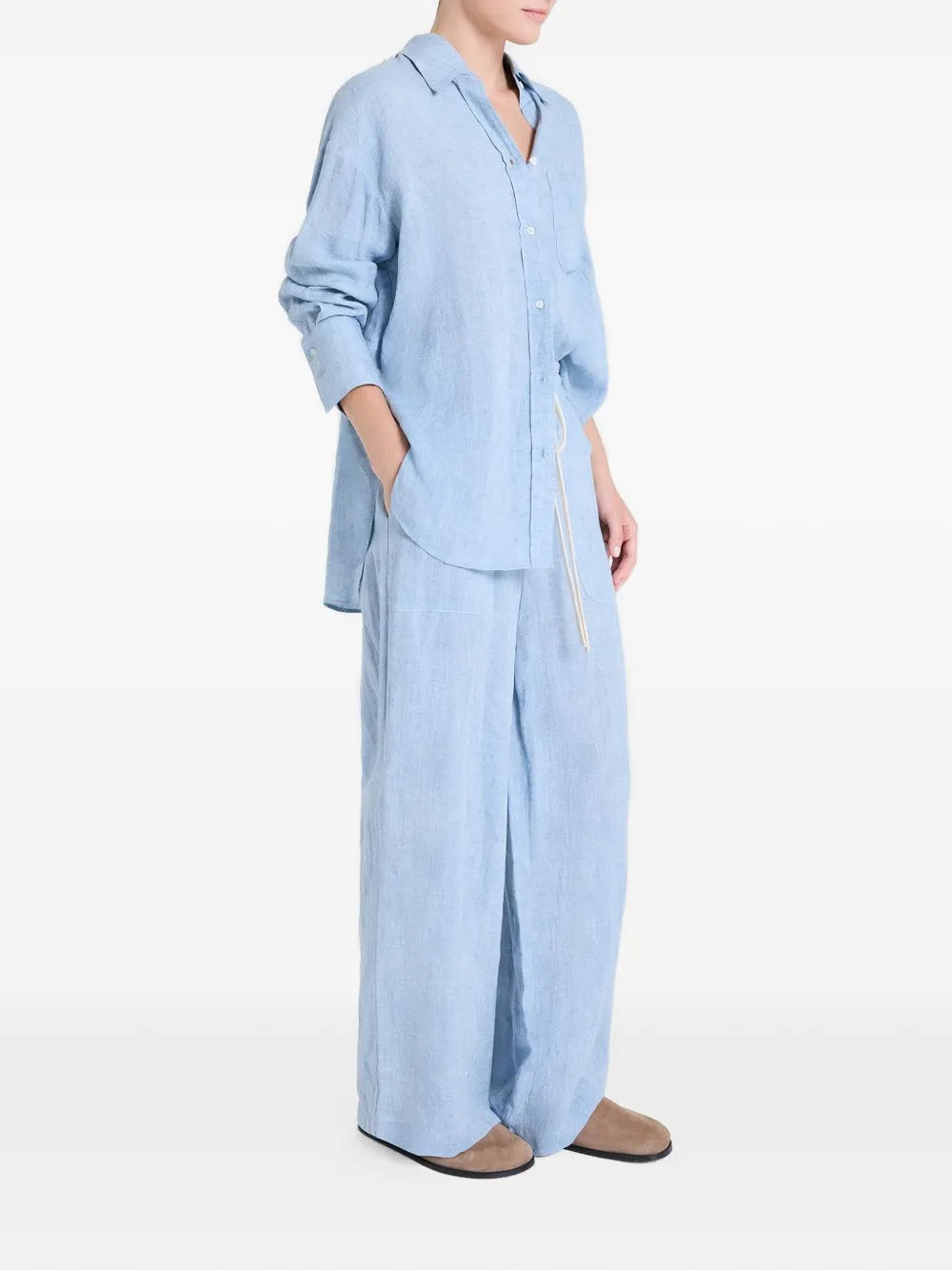 Close-up of Big Joe Shirt in Light Indigo highlighting the chest patch pocket and button-up placket.