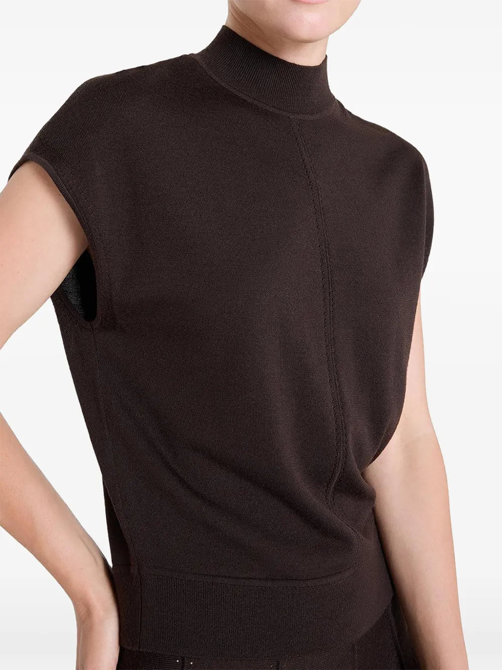 Model wearing TWP's Wren Top in Delicioso, demonstrating its versatility and style.