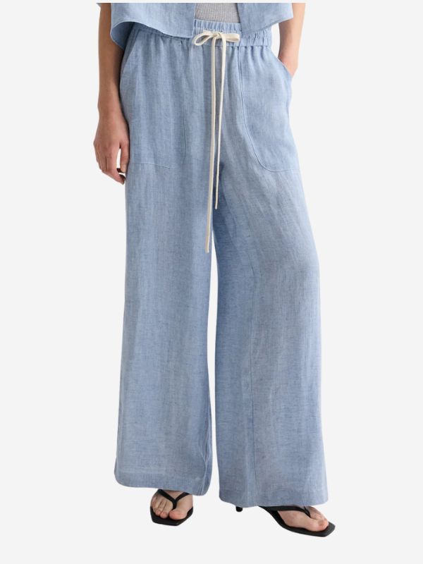 Casual look featuring the Main Street Pant in Light Indigo, ideal for everyday wear and styled with a simple top.
