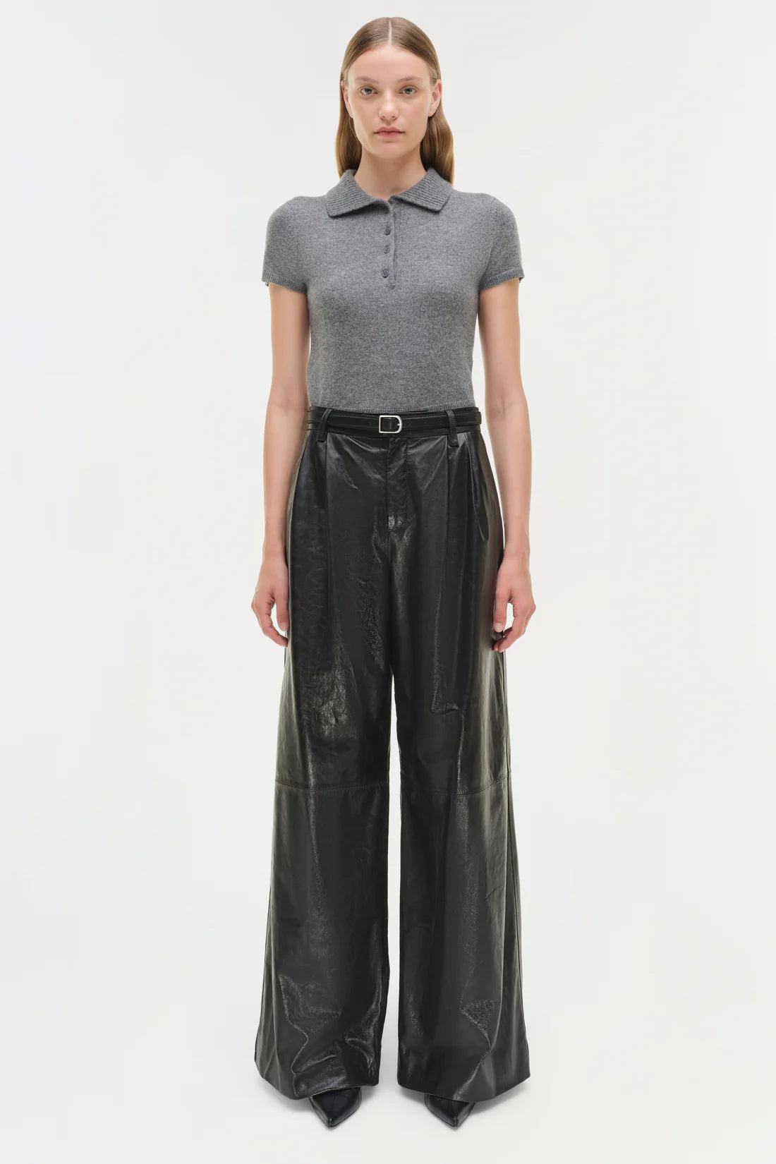 Close-up of Kobie Wide Leg Leather Pant in Black showcasing the leather texture and welt back pockets.