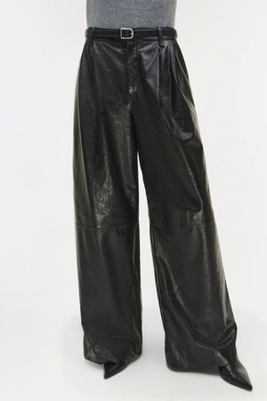 Kobie Wide Leg Leather Pant in Black laid flat to display its banded waist and pleated front.
