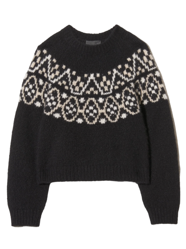 Nili Lotan Chrissy Sweater in Black - Close up of chunky jersey stitch and fairisle pattern