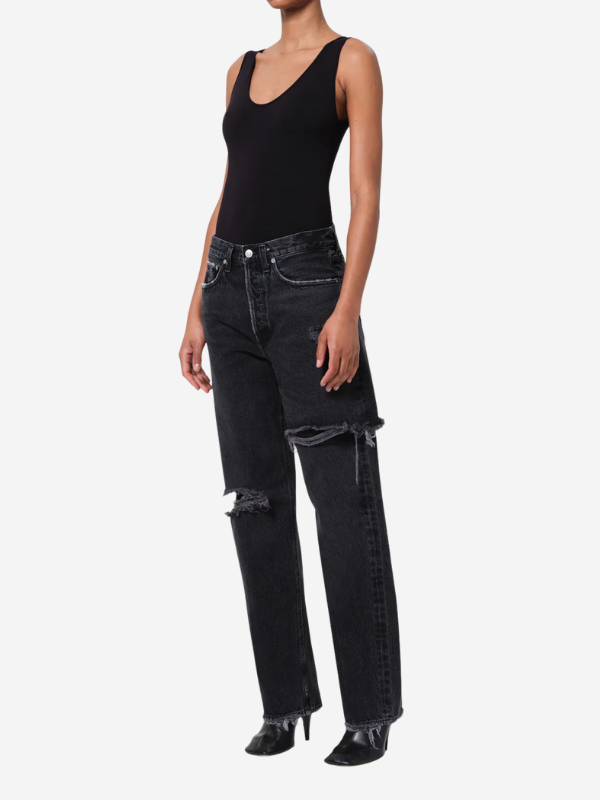 Close-up view of the Agolde Tora Tank Bodysuit in Black highlighting its ultra-smooth fabric.