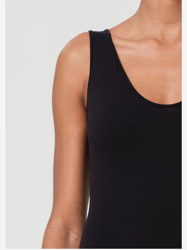 Agolde Tora Tank Bodysuit in Black displayed against a white background to highlight its elegance.