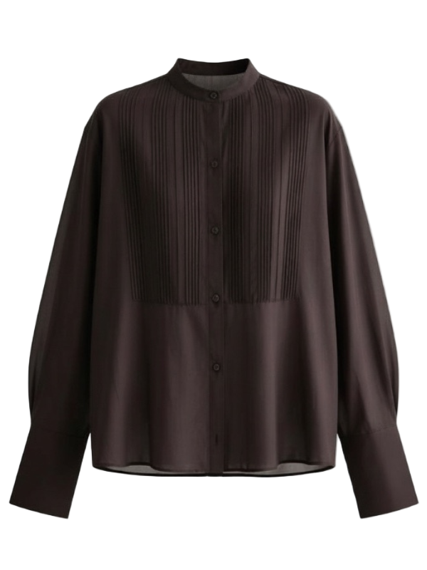 The Night Before Shirt in Delicioso showcasing its long sleeve button-down style and lightweight sheer cotton silk organza fabric.