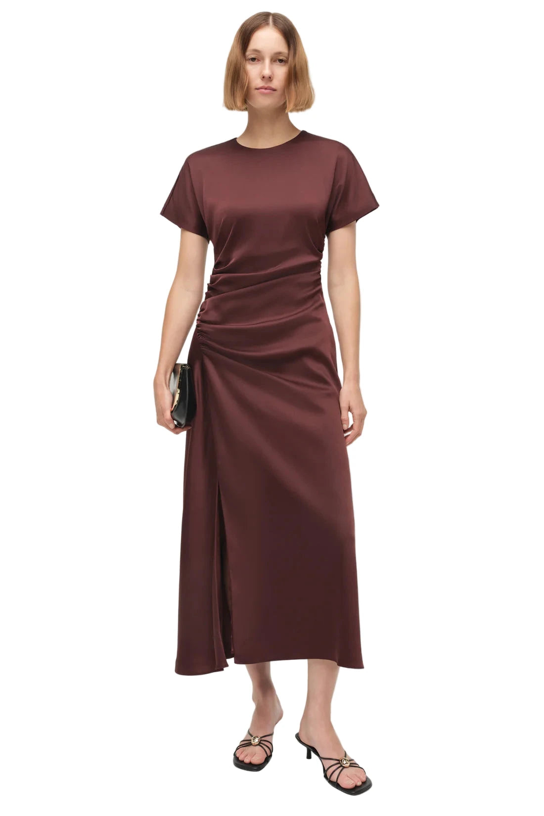 Side view of the Marabella Draped Satin Midi Dress in Mahogany showing the balanced silhouette and stylish draping.