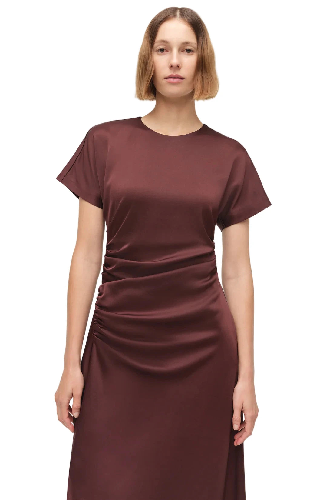 Back view of the Marabella Draped Satin Midi Dress in Mahogany, highlighting its elegant cut and satin finish.