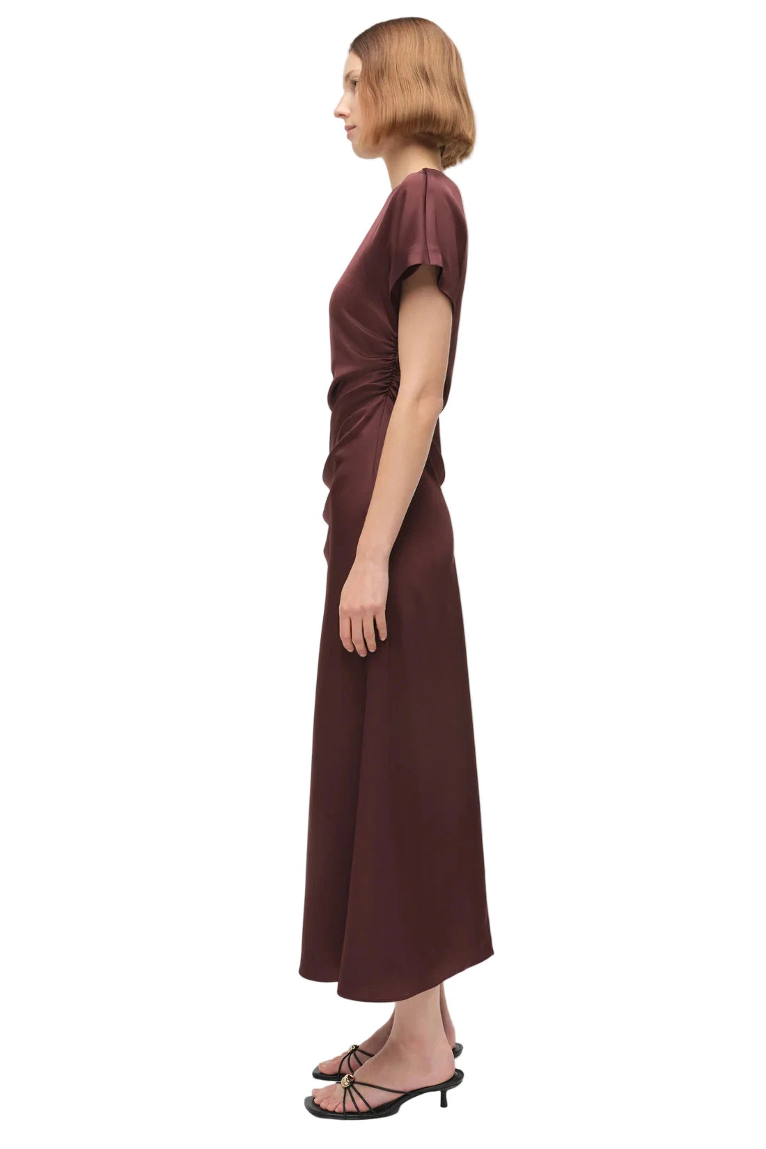 Close-up of the rich Mahogany color of the Marabella Draped Satin Midi Dress, emphasizing the luxurious satin texture.