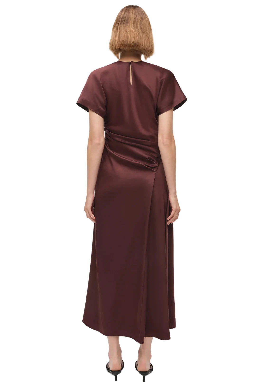 Full view of the Marabella Draped Satin Midi Dress in Mahogany, displayed on a model for a better fit perspective.