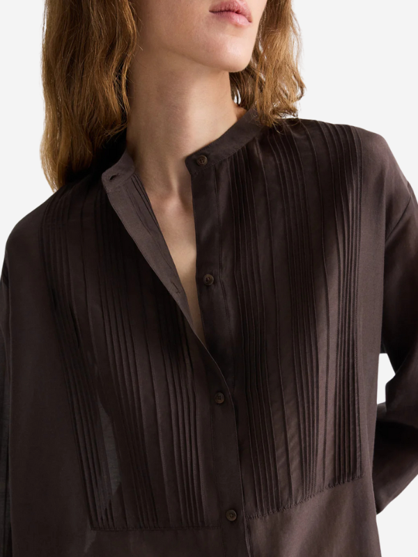 Flat lay of The Night Before Shirt in Delicioso, emphasizing the delicate silk cotton blend and airy texture.