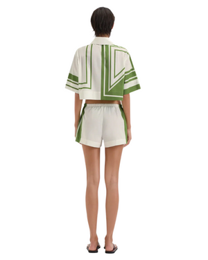 Carlo Drawstring short in Milano Verde worn by model, demonstrating a relaxed fit and stylish design essential for any wardrobe.
